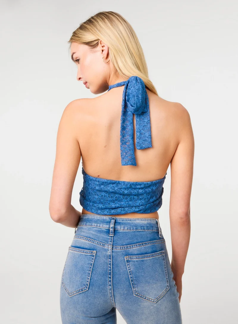 بينك فانيلا Lace Halter Neck Top